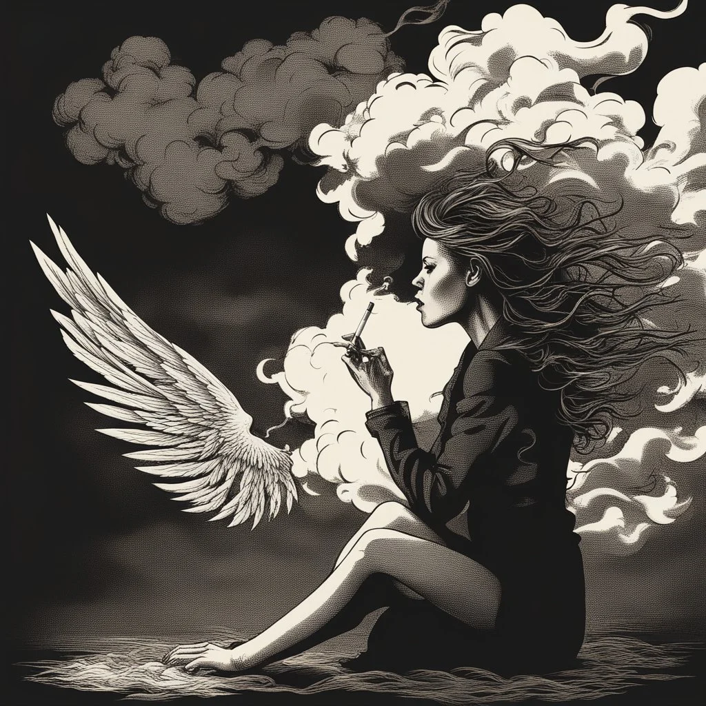 woman sitting forward Her face upward and blows cigarette smoke from their mouth upward. a figure with wings emerging from its back. behind the clouds of smoke look death. dark and mysterious