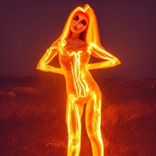 woman made of fire, fire angel, fire clothes, full body portrait, long flowing yellow hair, highly detailed, real life photo, photo quality, extremely detailed, highly detailed, 8K, crisp quality, looking at me