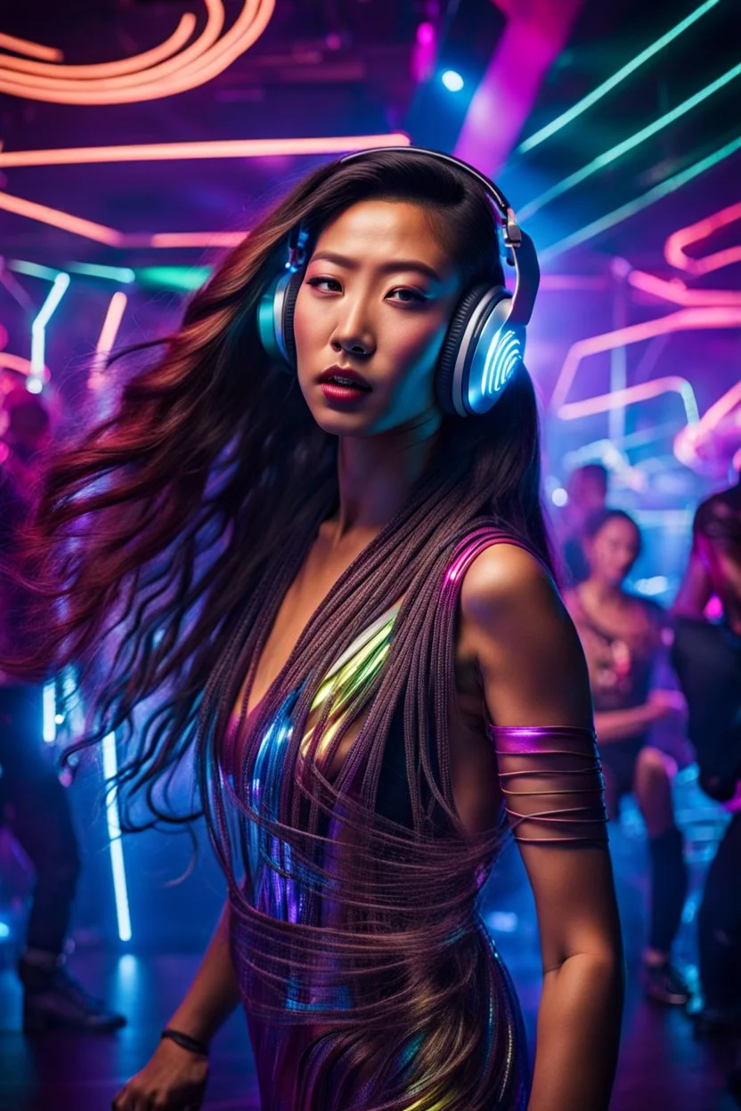 midle shot dancing in silent disco a young asian woman with long extrem hair, stunning futuristic dress and make up, wearing headphones and looking you attraktive, The atmosphere is enhanced in disco bar with neon lights, cyberpunk vibe, futuristic, light lines, photorealistic, in background blure light and blur dancing people