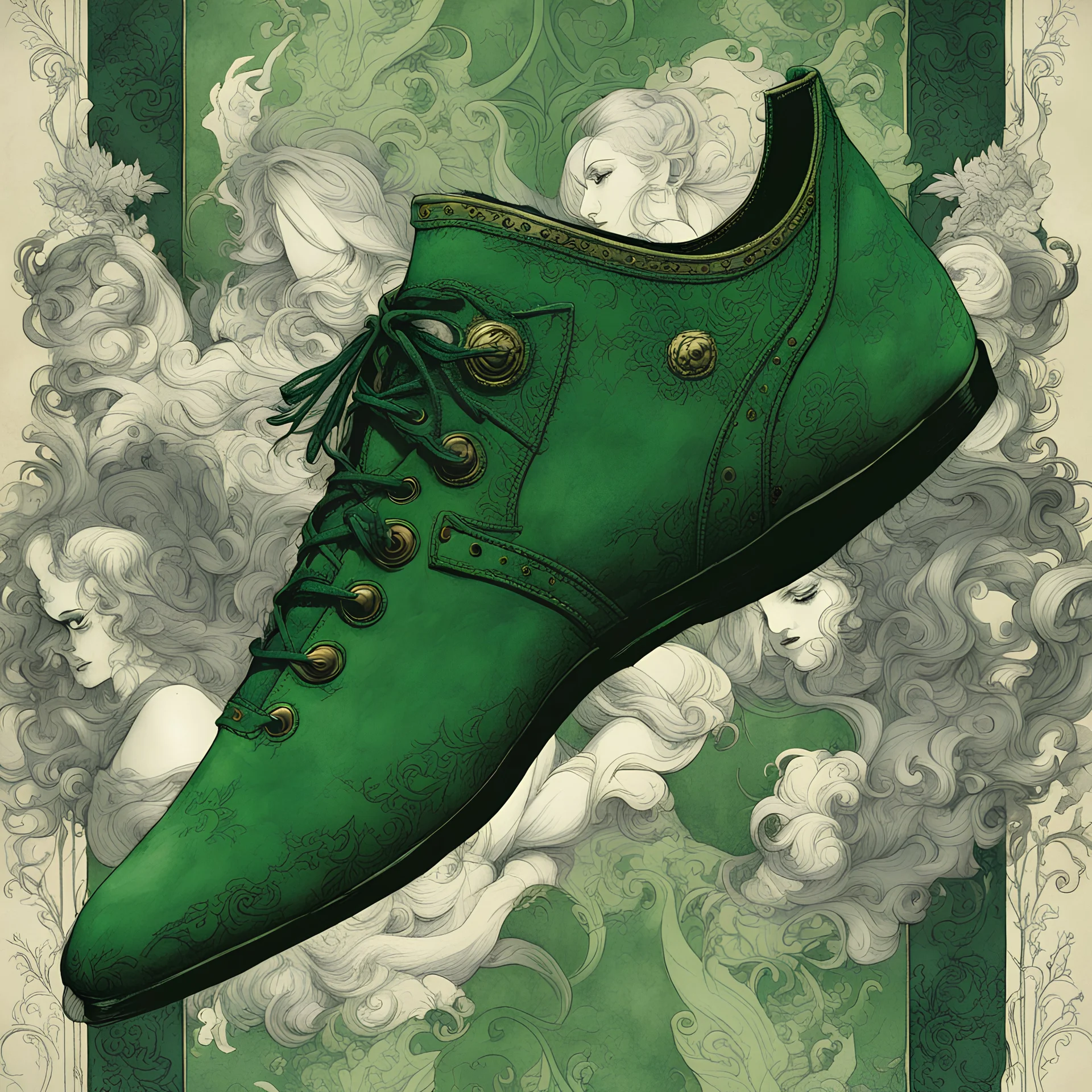 create simple women's handmade Baroque style shoes , in fine green suede leather, illustrated in the comic book style of Bill Sienkiewicz and Frank Miller, highly detailed, 4k
