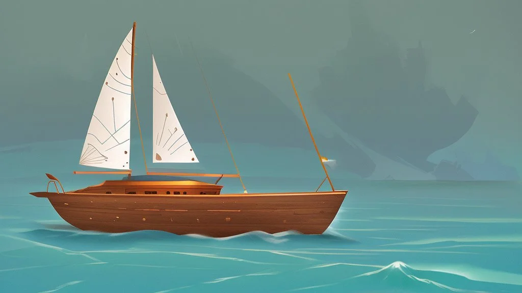 fantasy cartoon illustration: one new wooden yacht in the blue see