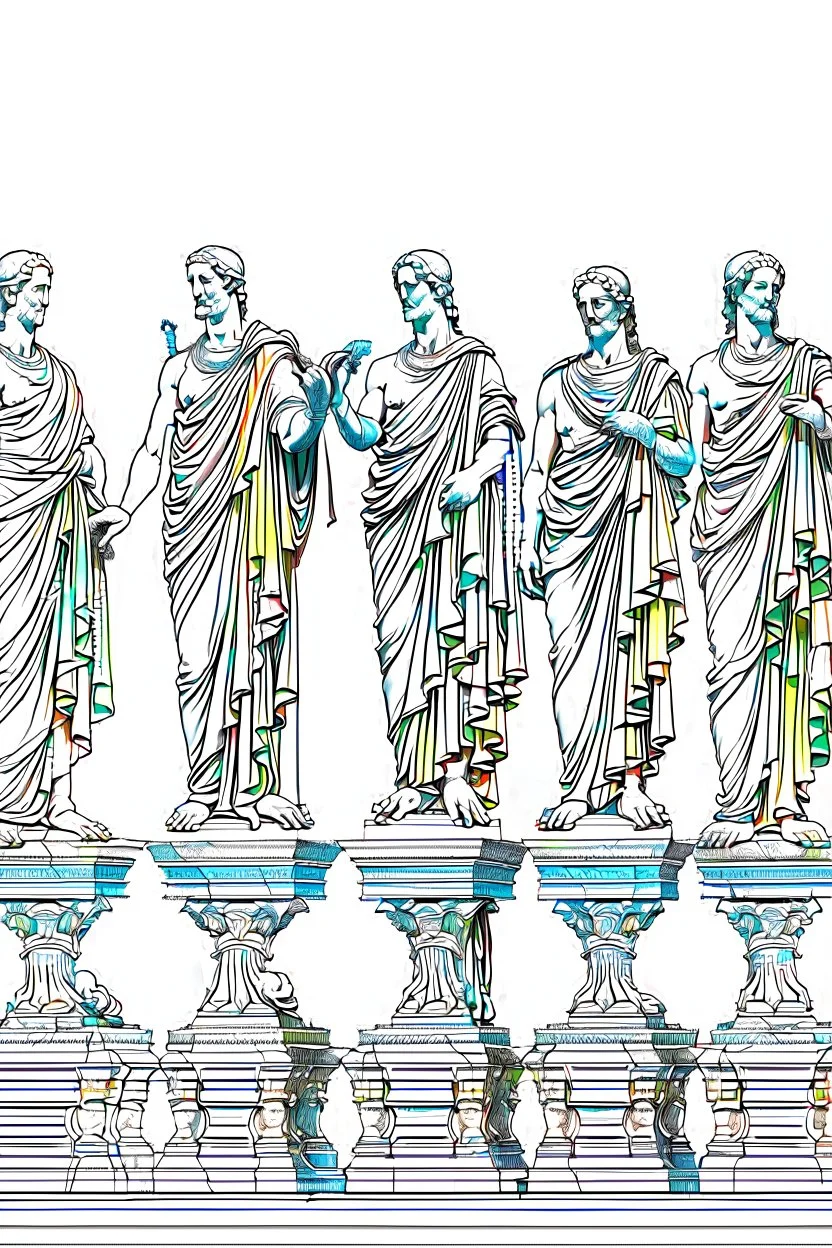 Architecture of ancient Rome of the II century AD Statues of ancient Roman gods contour reconstruction. The drawing is linear, in the style of vector graphics, black and white. High image quality in 8K