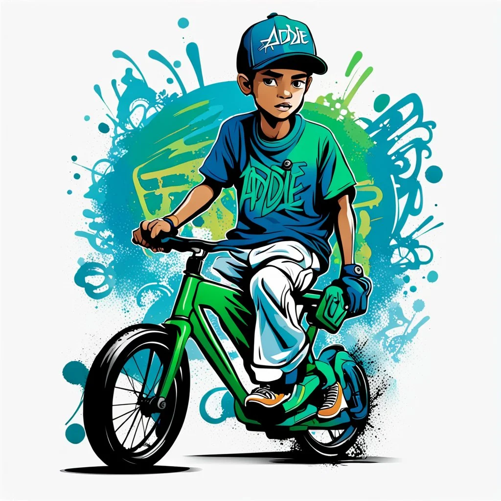 Vector t shirt art ready to print blue green light ograffiti illustration of A boy Indonesia free style in bycycle and a basecap with text "addie" On cap, white background.