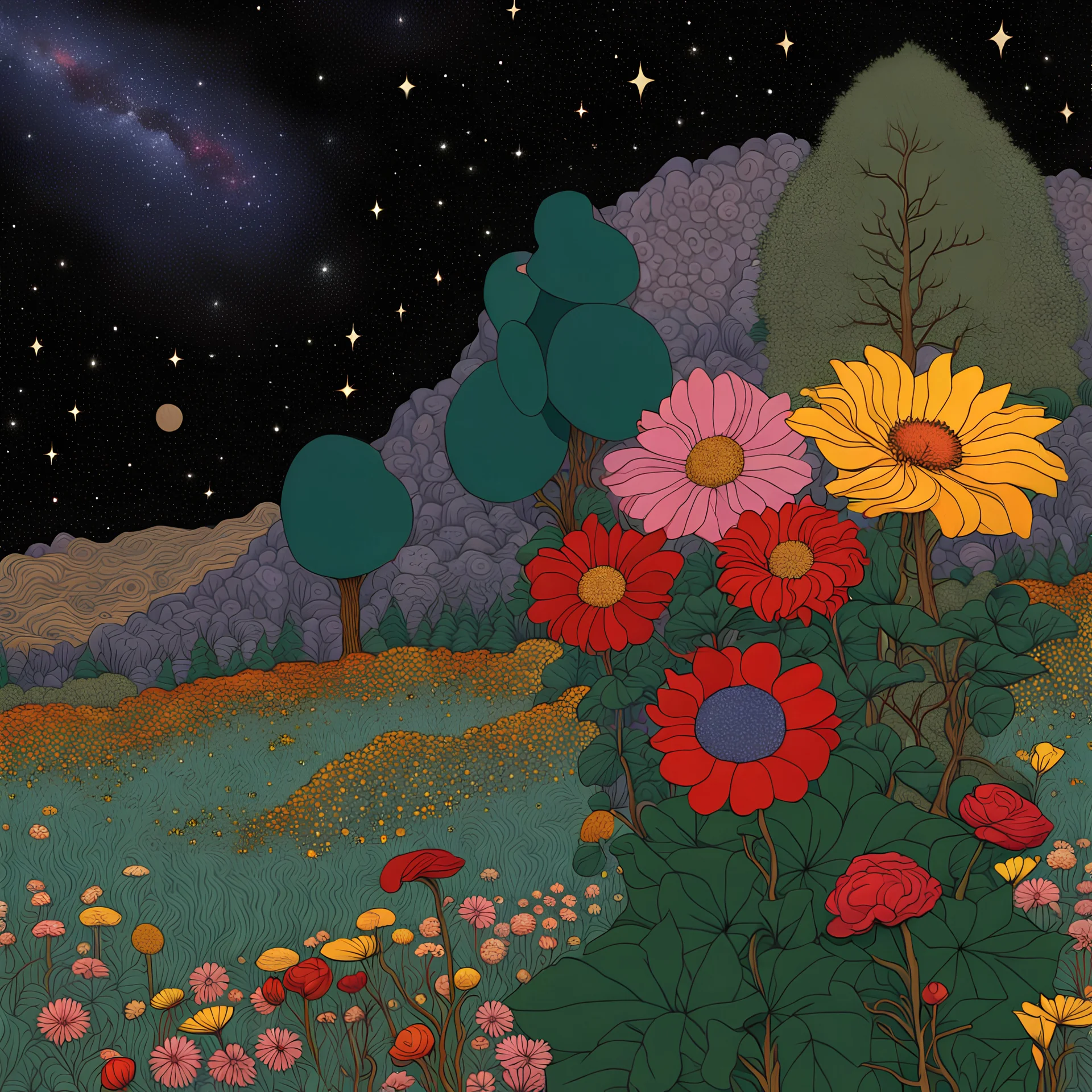 Colourful, peaceful, Max Ernst, Gustav Klimt, Egon Schiele, night sky filled with galaxies and stars, trees, rocks, giant flowers, one-line drawing, sharp focus, 8k, 3d