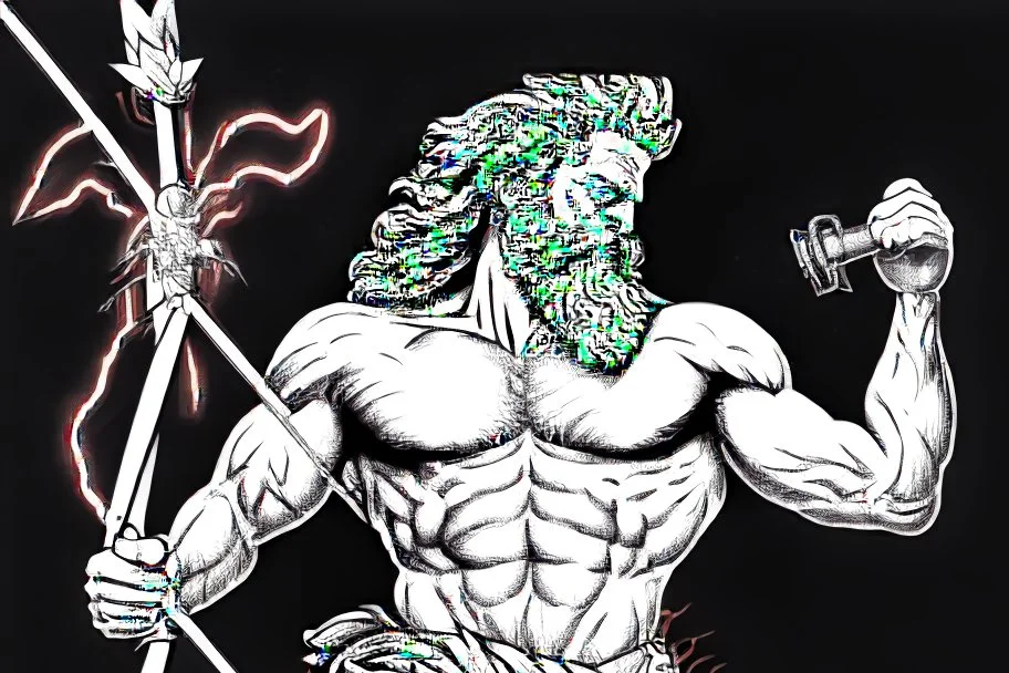 Detailed and realistic illustration of Greek god Zeus holding holding lightning in front of him Vintage style illustration. Red and white lightning. Ultra high resolution. Muscular, low fat percentage.