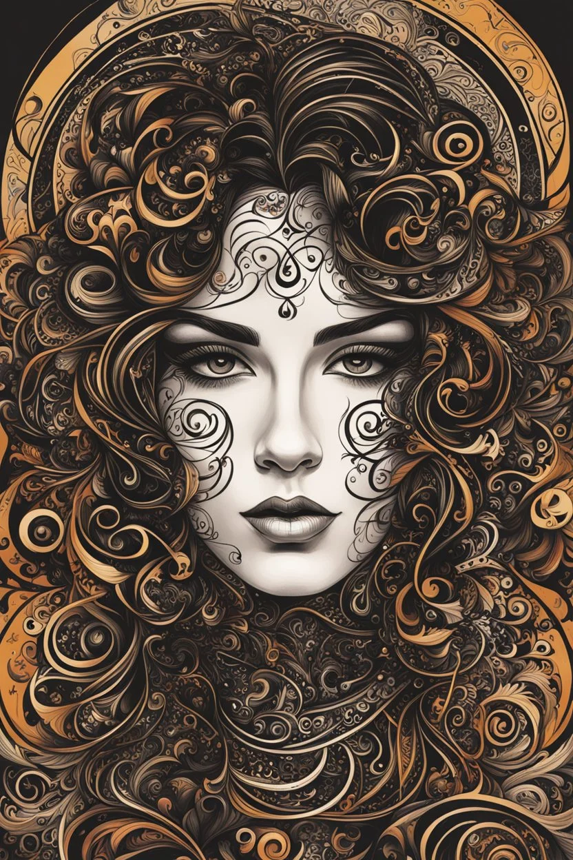 an abstract portrait of a goth punk girl from calligraphic letters, flourishes, and swirls , finely drawn and inked, in classic Arabic calligraphy, 4k, hyper detailed in the style of EL SEED and vibrantly colored in the style of GUSTAV KLIMT