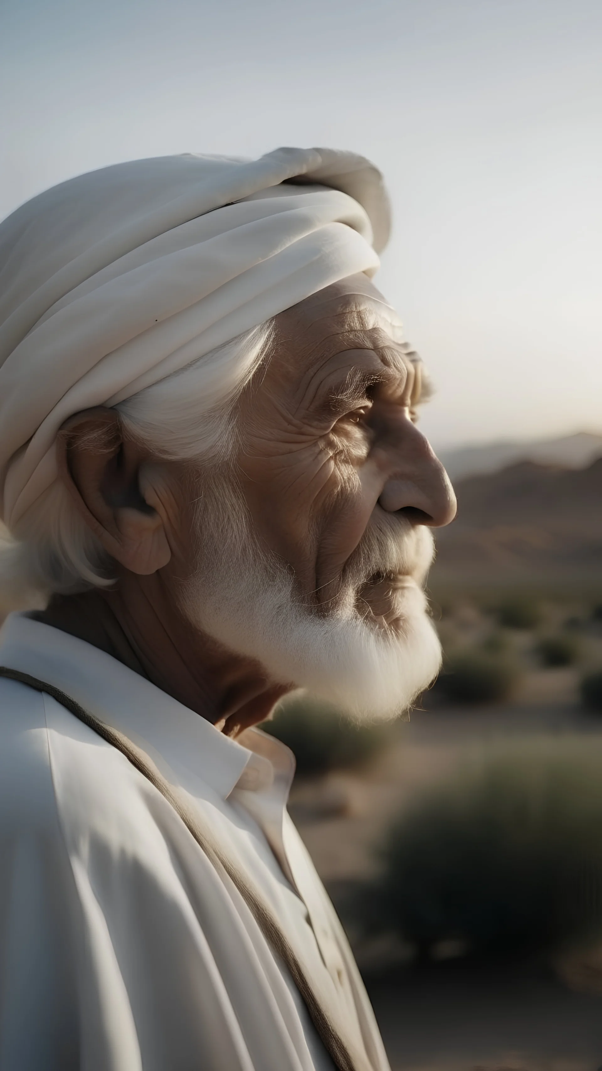 An elderly, wise Arab man with a dignified and dignified appearance, his face to the screen. He turned to the left towards the screen, and behind him were scenes of nature and the sky, wearing white clothes.