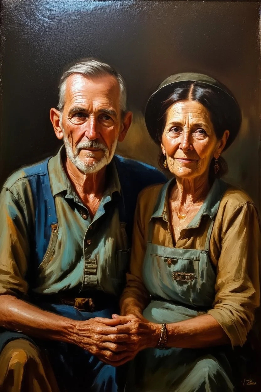 Color Portrait of an old Appalachian farmer couple early 1900s, beautiful painting with highly detailed face by greg rutkowski, Lee Jeffries, magali villanueve Modifiers: extremely detailed oil on canvas photorealistic