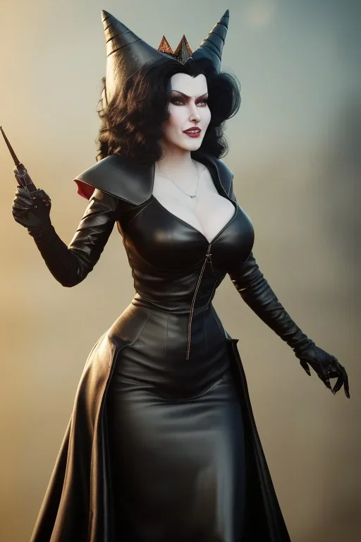 Amy Dumas as evil queen in black leather gown, evil, busty, cleavage, curvy, angry, stern look. character design by cory loftis, fenghua zhong, ryohei hase, ismail inceoglu and ruan jia. unreal engine 5, artistic lighting, highly detailed, photorealistic, fantasy