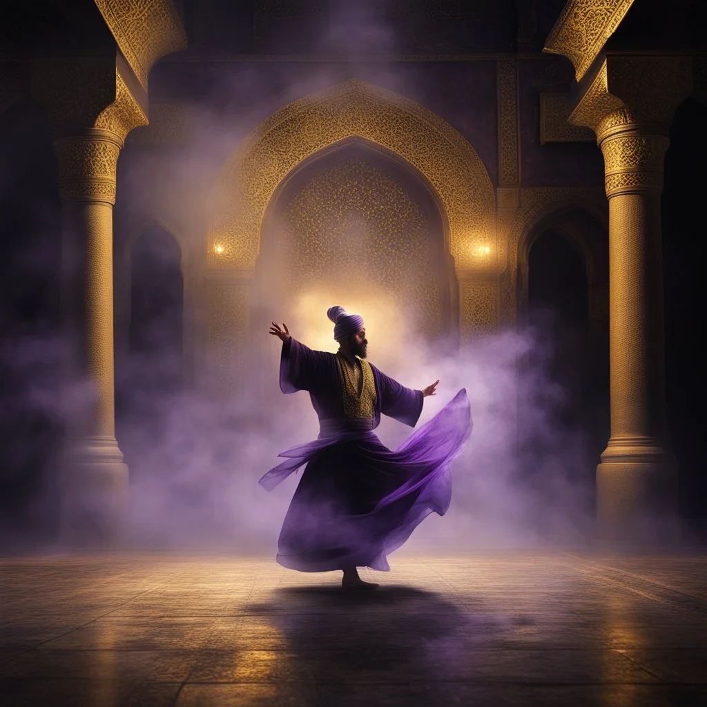 Hyper Realistic photographic-view of a Sufi Whirling with Golden & Purple Islamic Sufi Rustic Grungy-Black Background with thick-fog at dark-night outside an ancient Islamic architectural building with golden-sparkles-whirling showing dramatic & cinematic ambiance.