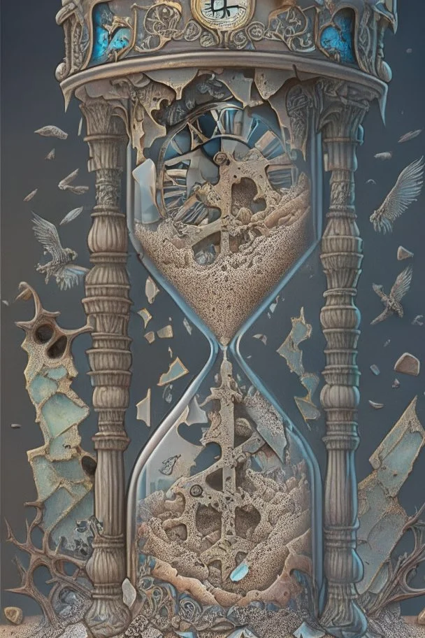 enormous ornate sandglass. the bottom chamber is broken and shattered all over the ground, below it is an overflowing pile of bones. detailed tattoo-style artwork