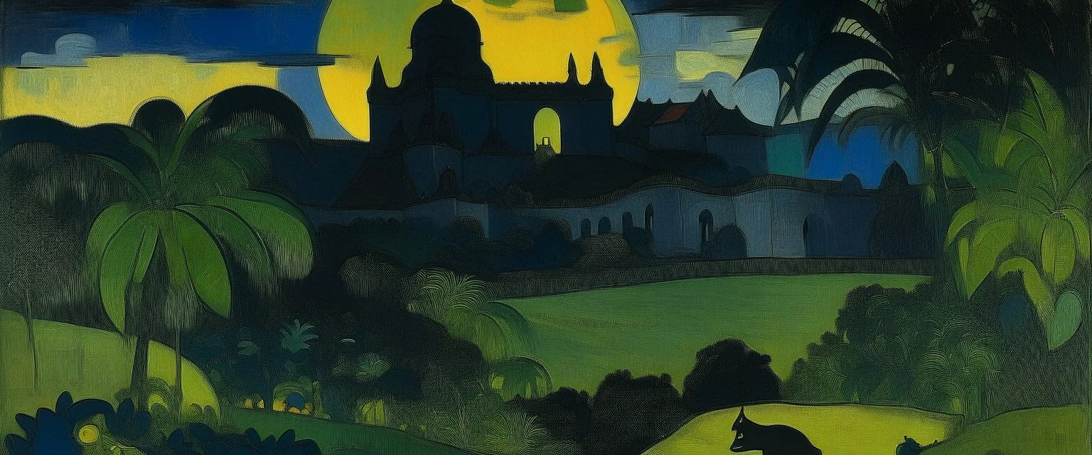 A black fortress in a shadow realm painted by Paul Gauguin