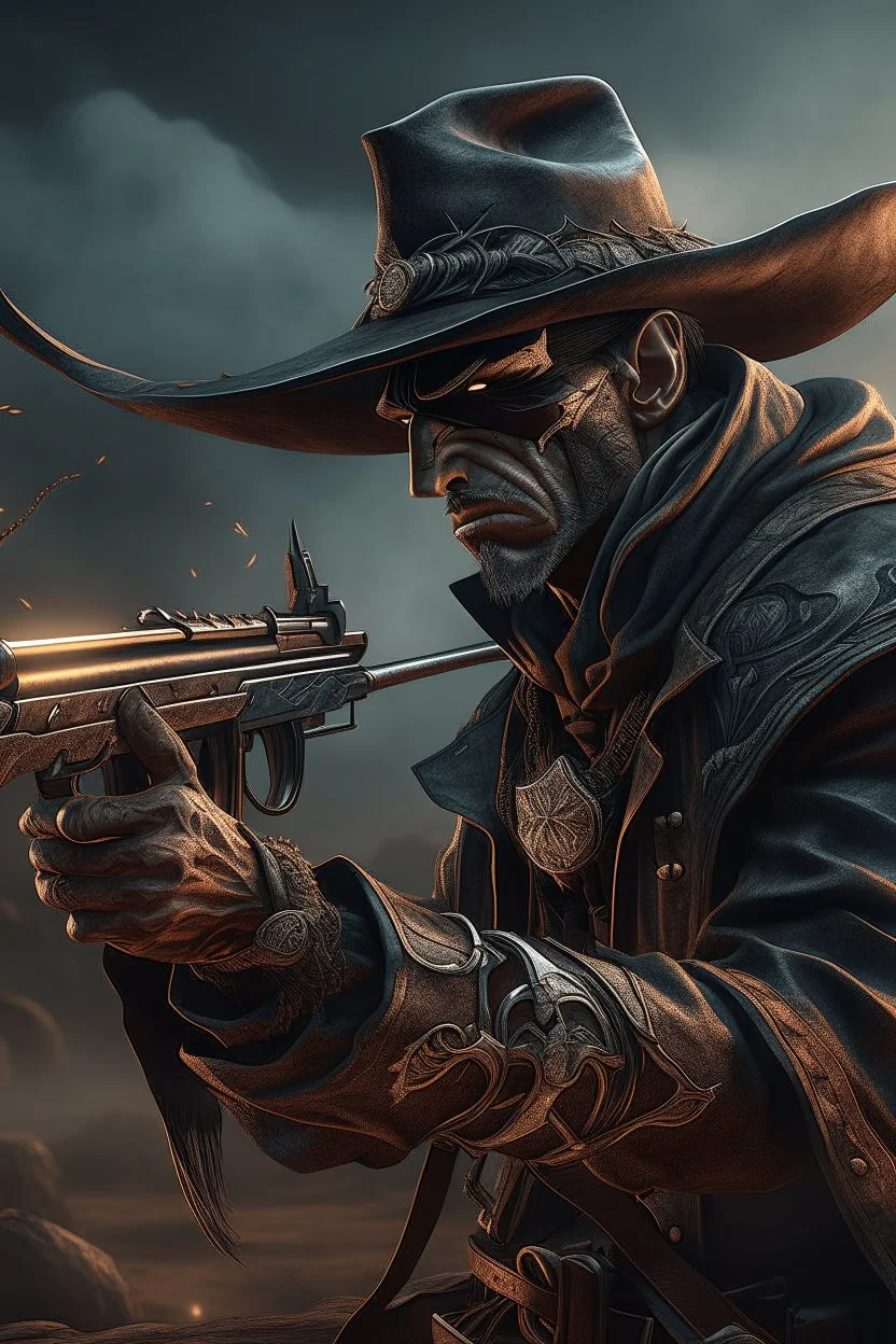 Bosch nightmares paint inf style Title: " cowboy with his gun towards “ insanely detailed octane render trending on artstation, 8k artistic photography, photorealistic concept art, soft natural volumetric cinematic perfect light, chiaroscuro, award-winning photograph, masterpiece, oil on canvas, Raphael, Caravaggio, Greg Rutkowski, people, beksinski, Giger