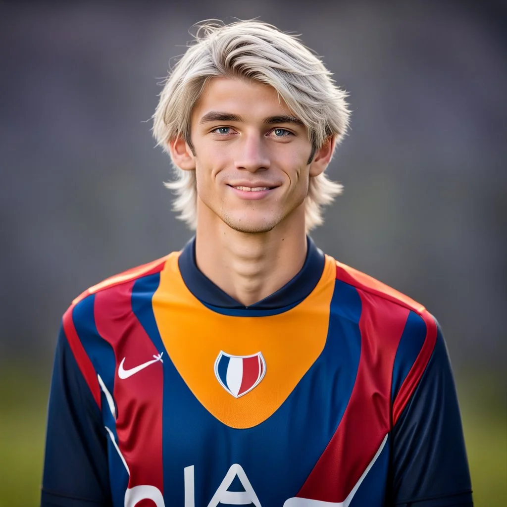 85mm DSLR color photography of a very detailed headshot fitting all of head and hair in frame. 18-year-old French soccer player, and with no facial hair and has no facial hair, has medium length straight white hair with a small smile, grey background