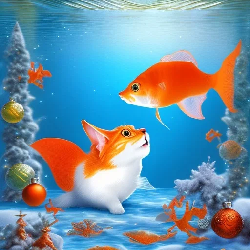  2 Orange fish and White cat friendly Celebrating christmas under the water