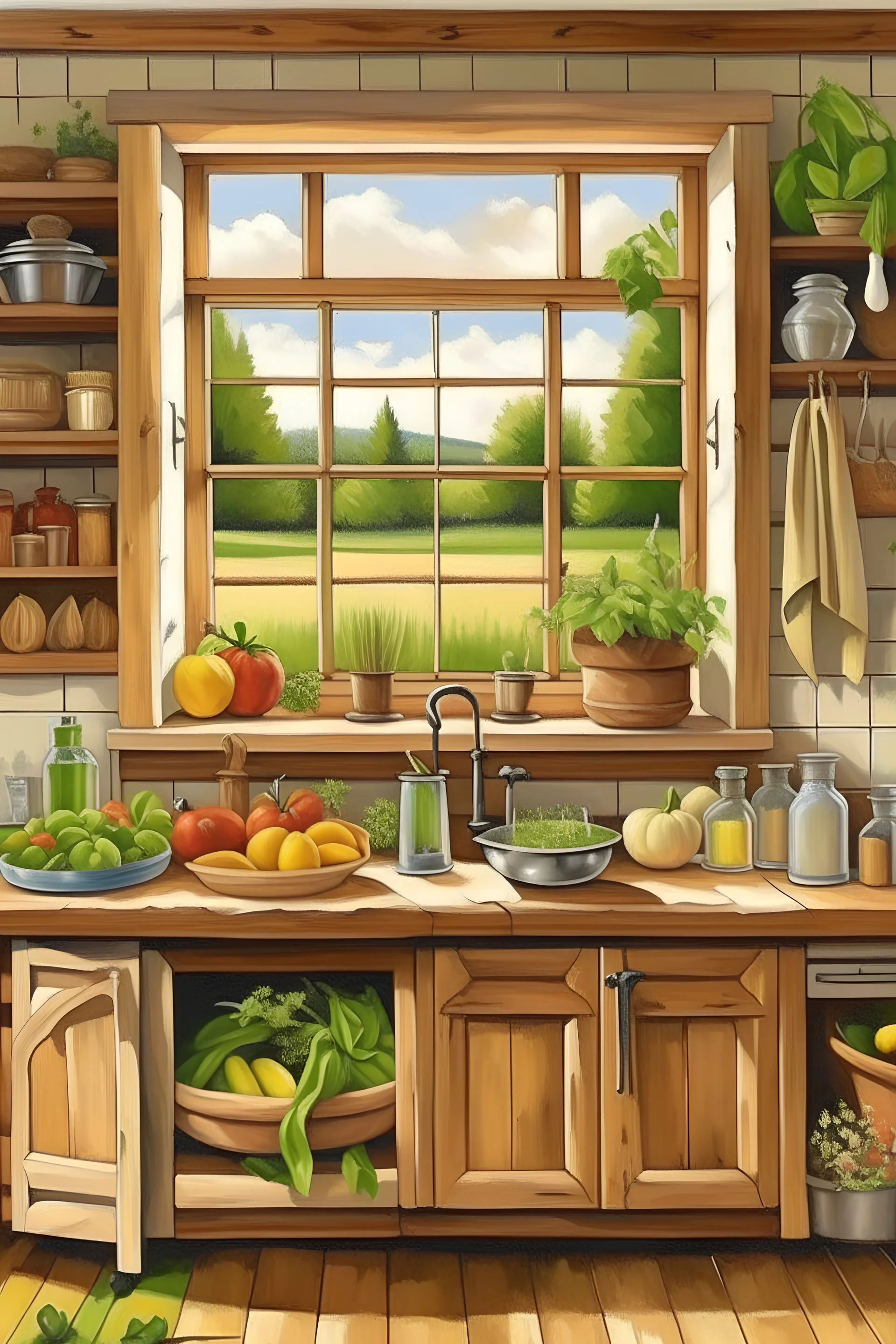 Craft a heartwarming farmhouse-inspired painting that adds rustic charm to the kitchen. Think of sunlit fields, fresh produce, and a cozy ambiance that complements the heart of the home.