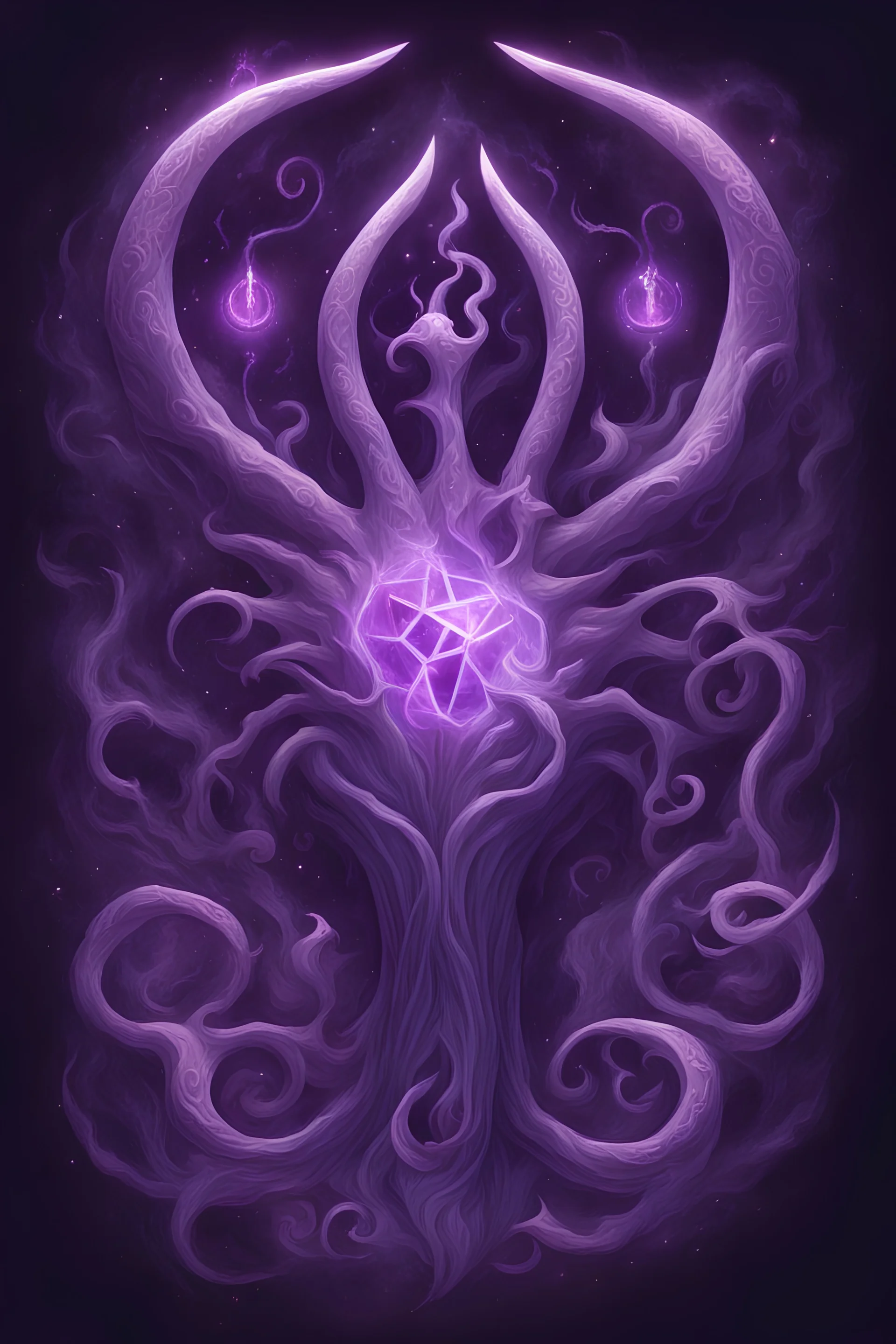 arms of with glowing eldritch glyphs on the skin as they cast a purple magic spell