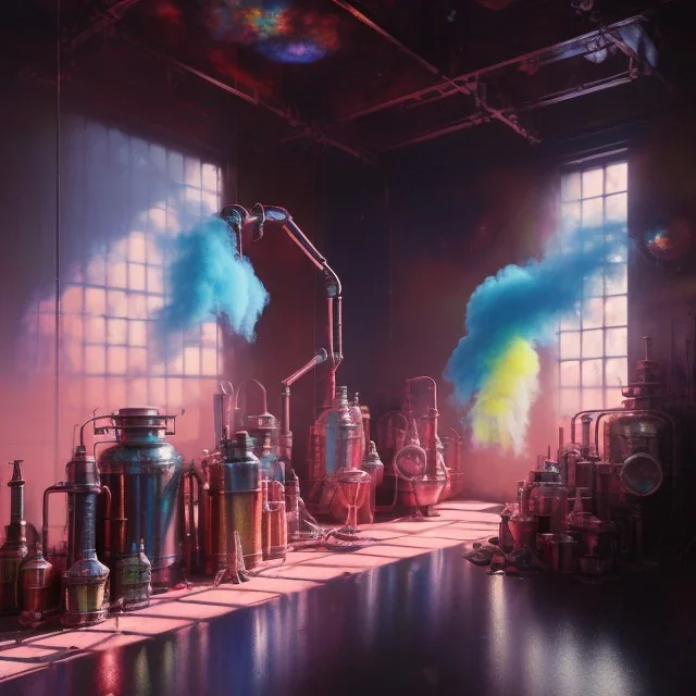 factory of colors. smoke rises from multi-colored glassware. color swatches in the background. hyperdetailed, warm colors, detailed painting, photorelistic, oil on canvas, light dust, futuristic. volumetric lighting