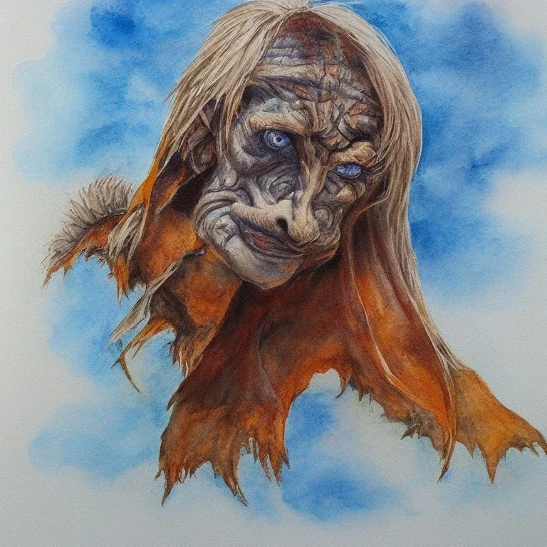 dungeons and dragons, fantasy, goblin, king, ochre skin, watercolour, blue nose, figure, pose, distinct face