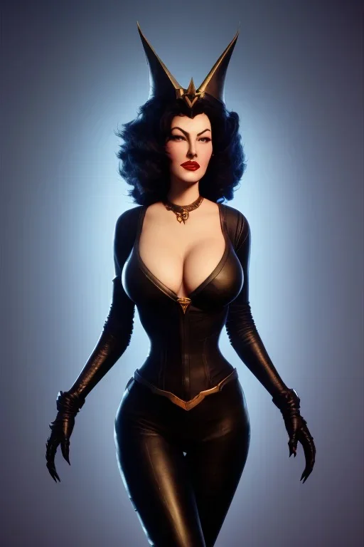 Ava Gardner as evil queen in black leather, busty, cleavage, curvy, angry, stern look. character design by cory loftis, fenghua zhong, ryohei hase, ismail inceoglu and ruan jia. unreal engine 5, artistic lighting, highly detailed, photorealistic, fantasy