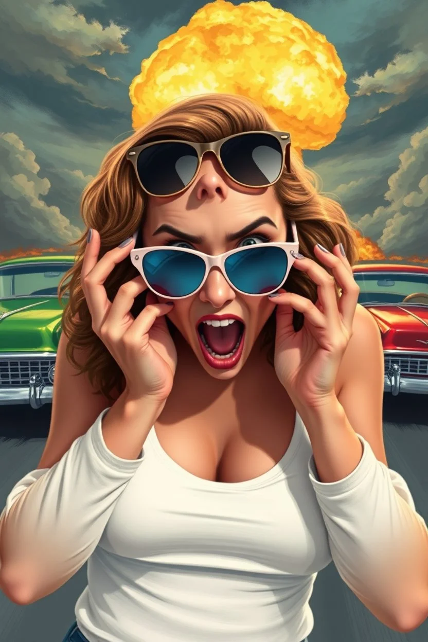 an young woman leaning forward(cropped tightly from between nose and stomach, white top with wide neck opening, cleavage, hands at face with surprised expression, home alone scream, wavy hair, large cheep sunglasses), nuclear explosion and classic Cars in background, greaser, digital painted illustration