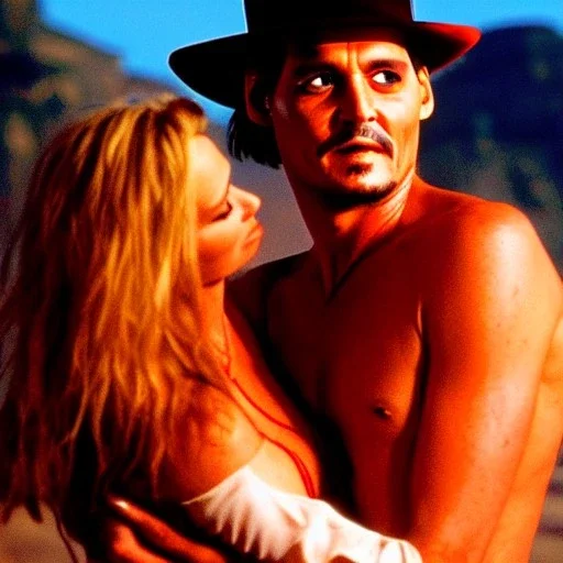 johnny depp as indiana jones kissing a model in bikini. at sunset, in ancient rome