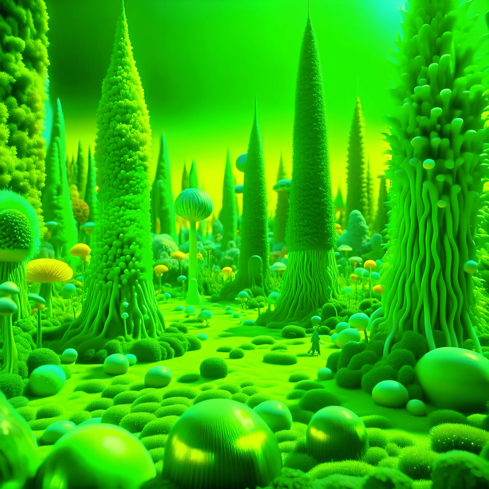 Odd green swamp landscape with odd beings walking, surreal abstract Max Ernst style, Tim Burton, Harry Potter, 120mm photography, sharp focus, 8k, deep 3d field, very detailed, volumetric light, very colorful, ornate, F/2.8, insanely detailed and intricate, hypermaximalist