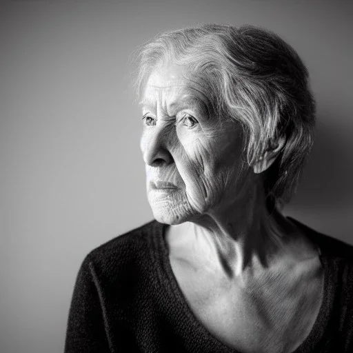 moody charcoal side profile portrait of an older woman, side on profile, studio photography, artistic black and white profile photograph, delicate, highly detailed, chiaroscuro, beautiful composition, delicate arrangement, aesthetic, soft lighting, tender