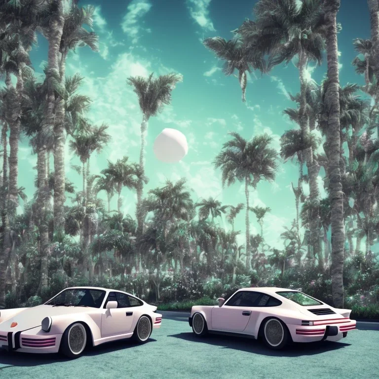 1980's aesthetic vaporwave palm trees and spheres and Porsche