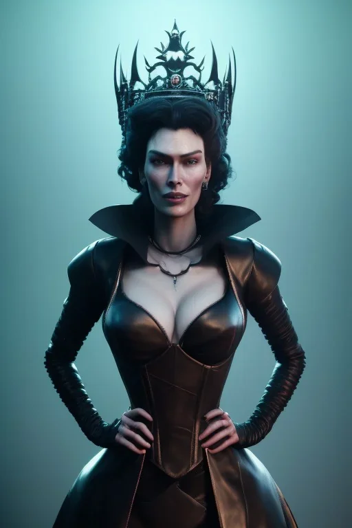 Lena Headay as evil queen in black leather, busty, cleavage, voluptuous, Aqua Lene, angry, stern look. character design by cory loftis, fenghua zhong, ryohei hase, ismail inceoglu and ruan jia. unreal engine 5, artistic lighting, highly detailed, photorealistic, fantasy