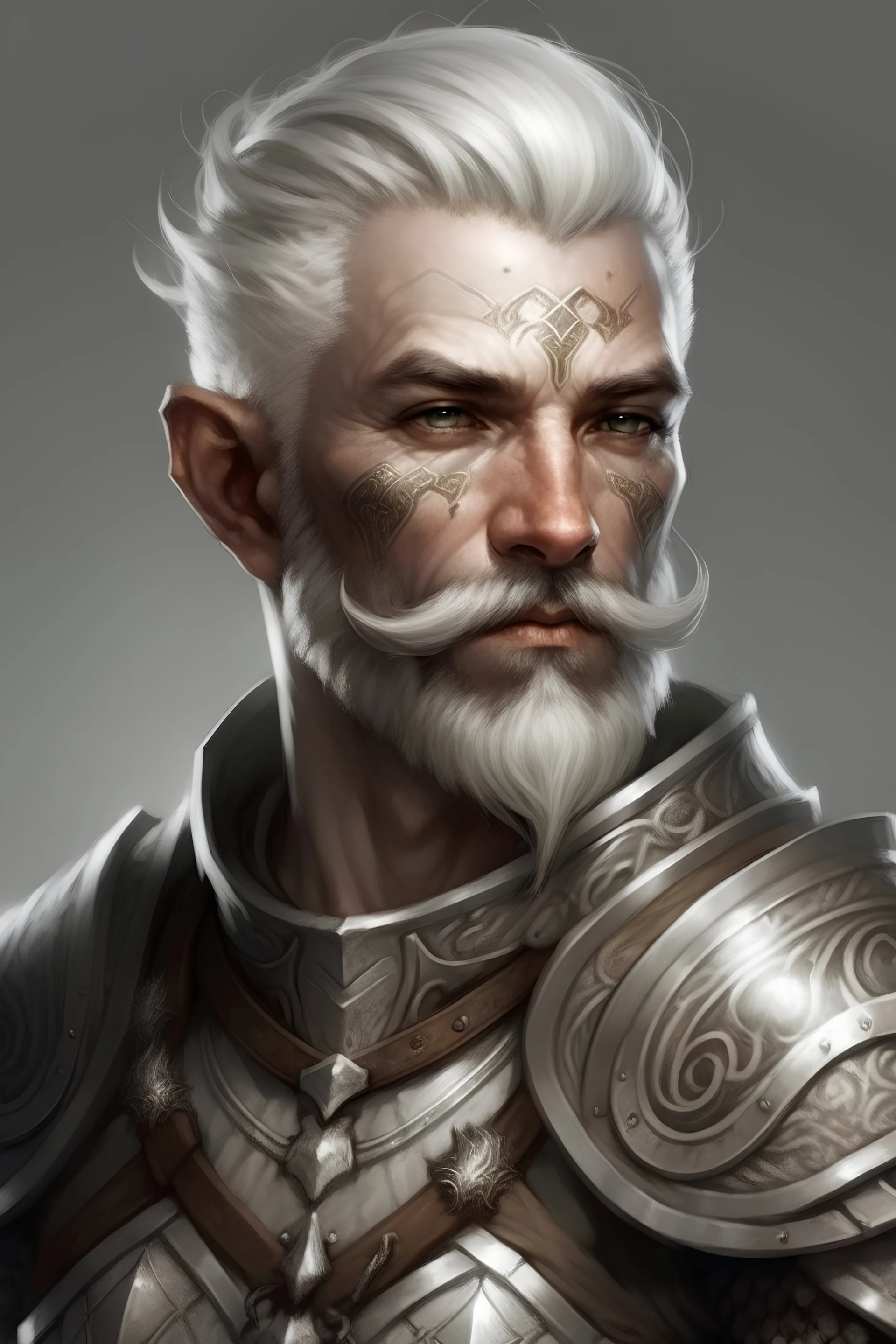 45-year old warrior, salt and pepper hair, short beard, short hair, fantasy, elven, cartoon, scale-mail