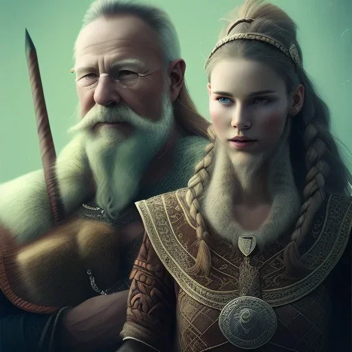 Viking theme, a younger woman sitting next to a 50-year-old man, portrait, 8K, close-up face, anatomically perfect face, Highly detailed stunning full frame portrait, misty and cloudy atmosphere