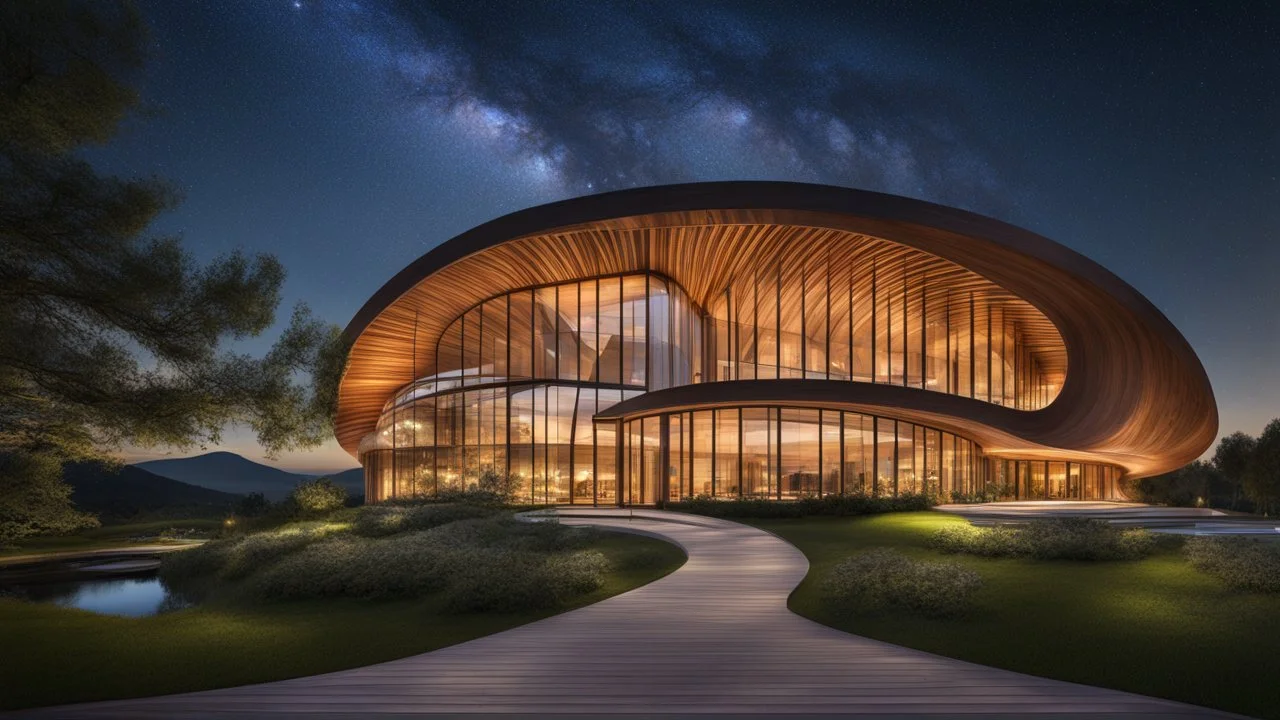 Inspiring beautiful elegant interwoven wooden ultra-modern building based on parabola, helix and spiral shapes, featuring large windows, artistic, amazing architecture, rural location, night, stars, moonlight, fireflies, distant mountains, lake, soft natural perfect light, extremely detailed, award-winning photograph, beautiful composition, 16k, HDR, High Quality, Sharp Focus, Studio Photo, masterpiece, Gaudi, Shigeru Ban