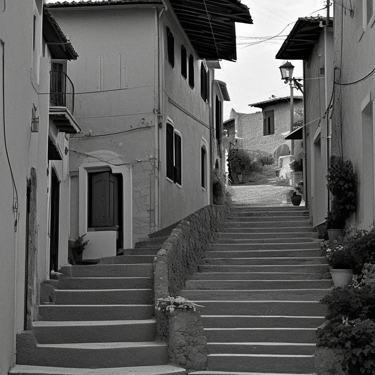 Calle de un pueblo de una isla italiana en verano, con escalinata, fotografía real, fotografía realizada con cámara Leica y objetivo de 50 mm, siguiendo estilo de la serie 'Ripley' emitida en Netflix, fotografía en blanco y negro, virada tonos años 50