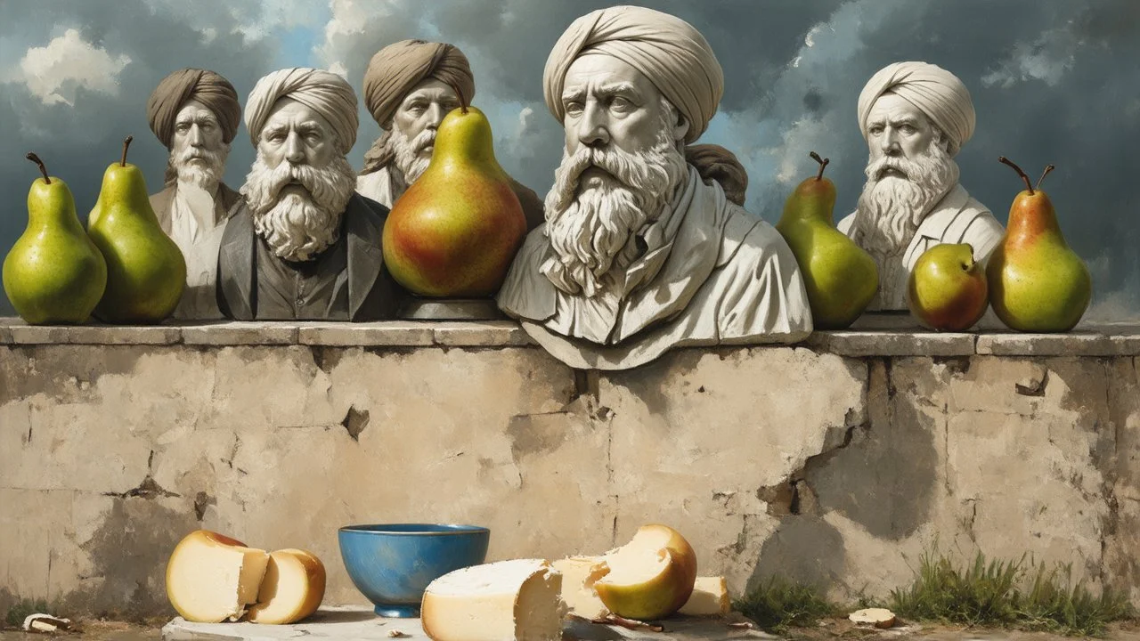 A surreal still life painting features a row of ancient-looking busts wearing turbans, interspersed with pears. The busts are weathered and cracked, some with visible beards and stern expressions. The pears vary in color and condition, with some appearing whole and others broken or cracked, revealing their interiors. They are positioned on a stone ledge, behind which a cloudy, dramatic sky is visible. In the foreground, on a lower ledge, are more pears, a cracked blue bowl, and a stack of cheese
