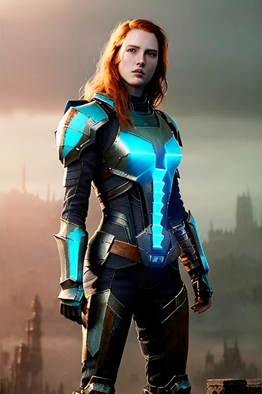 ultrarealistic, concept art, panoramic, ruined city,__intricate fantasy armor__, no star, __angles__, 18 year old woman, strikingly beautiful,ginger hair, _colour_, (pale __skincolor__ skin:1.2), __camera__, long hair, detailed face and eyes, medium breasts, sci-fi theme, freckles, dynamic pose, resolved expression, __accessory__, strappy outfit, (straps:1.1), sword in scabbard on left hip, (buckles, buttons, snaps, rings:1.0), haltertop style breastplate, detailed eyes, plump lips