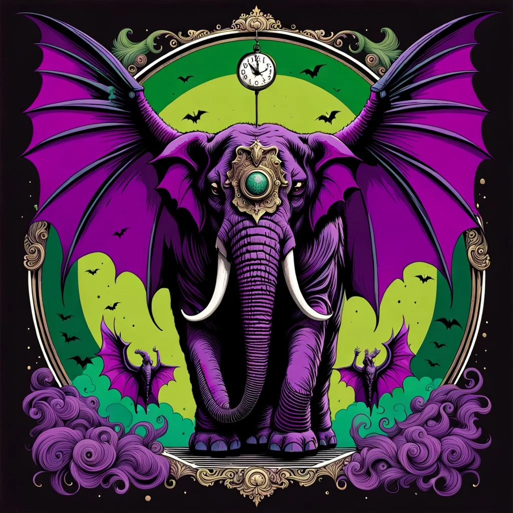 color Ink illustration by Phillipe Druilett, heavily inspired by the unsettling symbolism of Virgil Finday and Alexander Jansson, Demonic bat Winged Purple Elephant, wings coming from shoulders, large round clock embeded in the elephant's head, taken from a slight anglered and dark_green and black color scheme dominating the artwork, grim narrative, smooth illustration, chilling Eldritch motifs, UV reactive color slashes, textured surface, ominous representation, unsettling.