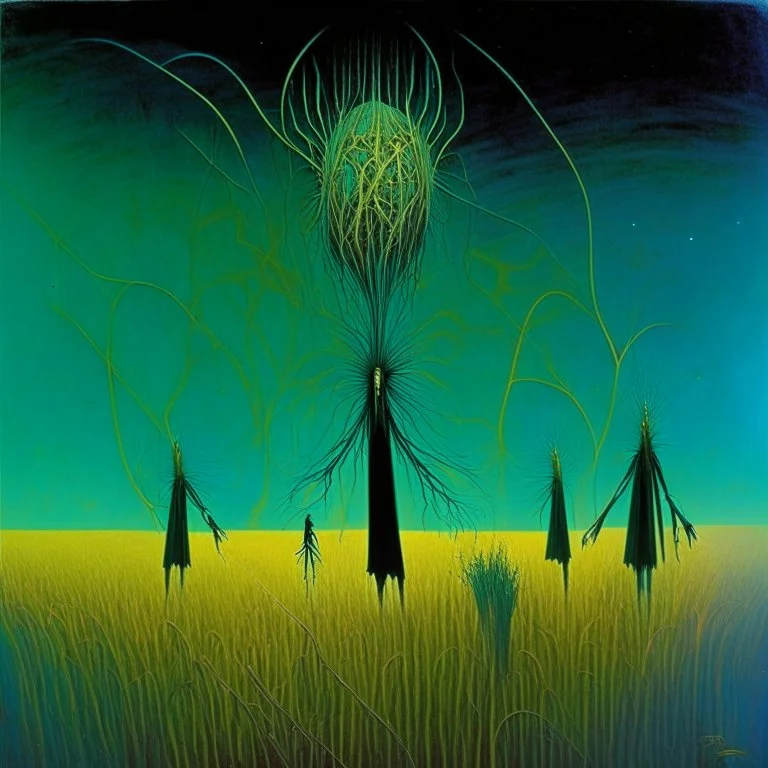 The Burden of madness, surreal masterpiece, by Michael Whelan and Dave McKean and Vladimir Kush and Victor Pasmore, long limbed wispy spectral figures, lunatic biometric grass shines, rich colors. geometric shapes, by Andy Kehoe