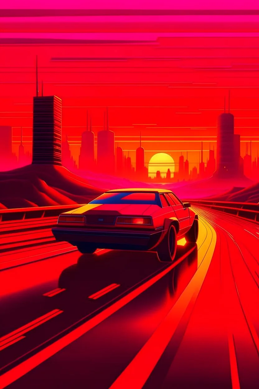 A cinematic photo of Sunset Drive, bathed in warm, neon-lit hues, evoking the nostalgia of Retrowave and 8Bit eras, with bold, geometric shapes and vibrant, electric colors, set against a backdrop of a fiery, synth-heavy sunset, with sleek, futuristic cars speeding by, leaving trails of light, amidst a futuristic cityscape, infused with a sense of retro-futurism, and a hint of digital glitch, with bold, contrasting highlights and deep, rich shadows, capturing the essence of Synthwave's retro-uto