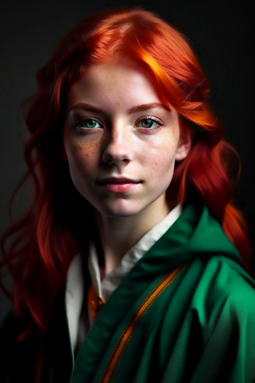 A girl with red hair and green eyes and she is wearing a Hogwarts robe