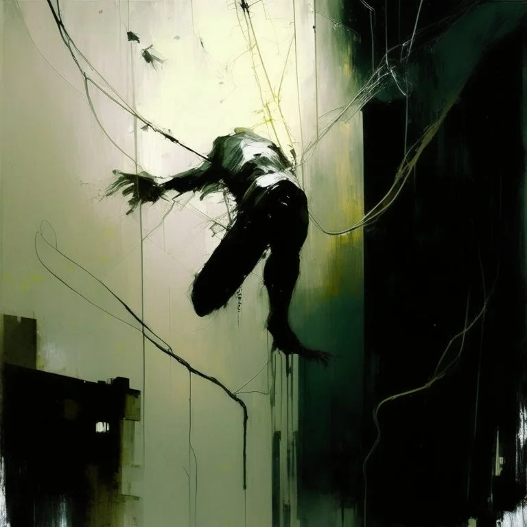 Minimal abstract oil paintings falling person limbs sinew. Wearibg hazmat. concrete fragments architecture and hanging wires illuminated at night style of Justin Mortimer and Phil Hale and Ashley Wood