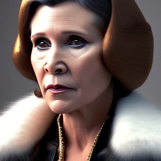 actress carrie fisher with symmetrical short hair, fur coat, 17th century, insanely detailed, 16k resolution, perfect eyes, round pupil, cinematic smooth, intricate detail, painted Renaissance style