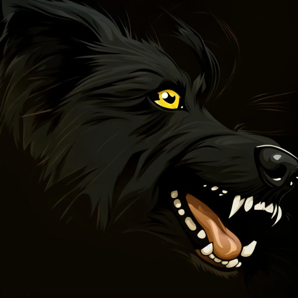 an angry scruffy black terrier on black background, yellow eyes, make 30% brighter, illustration