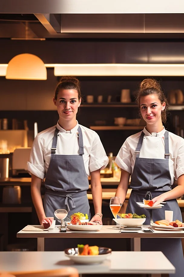 waitress and waiter serving tables in a modern restaurant in Spain, real photograph; photo taken with Fuji XT3 50mm lens camera, well-lit restaurant