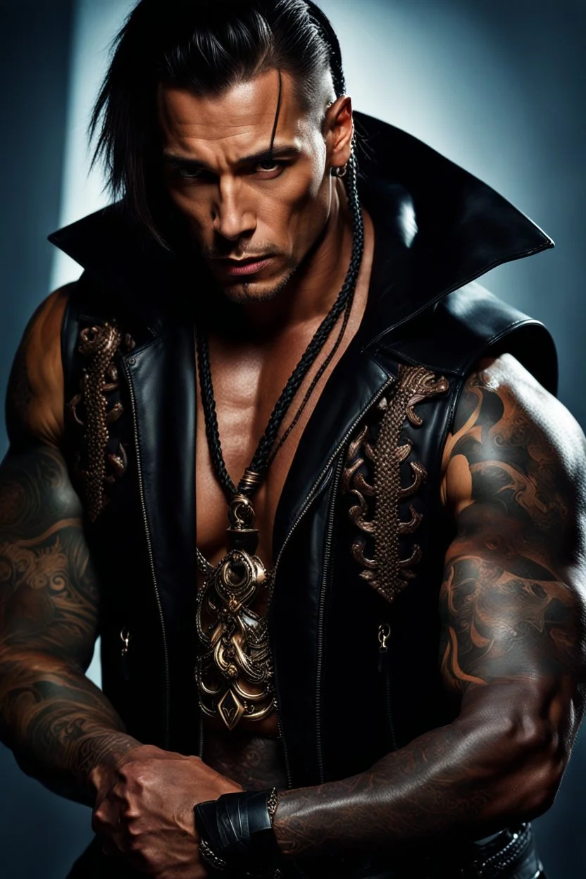 portrait of a 35 year old Handsome muscular male with dark bronze skin adorned with tattoos. His long dark hair is tied back in a pony tail. He's wearing a leather vest and has a dagger which hangs from his belt. Dark fantasy. Hyperrealistic