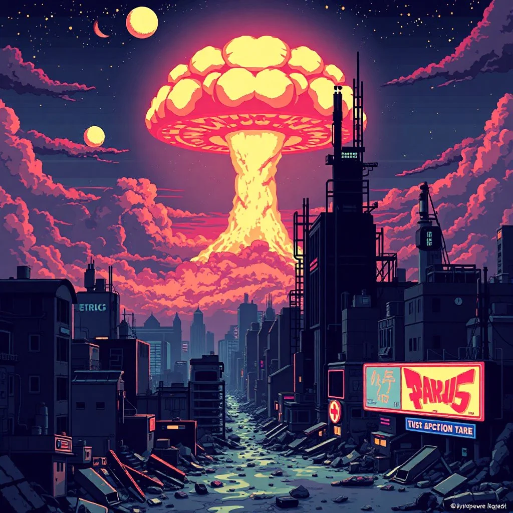 16 bit pixelart of a retro anime style, serius dark 1990s anime style, city, atomic mushroom cloud, synthwave, destroyed city