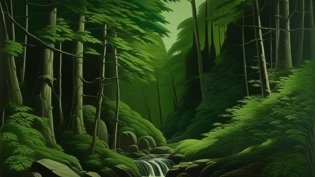 A dark green woods with a serene waterfall painted by Henry-Robert Brésil