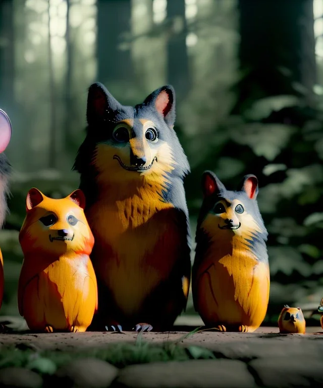 Wes Anderson photographer, night forest, Ultra realistic matryoshka, Japanese style, wide angle view, magic particles,soft color, highly detailed, unreal engine 5, ray tracing, RTX, lumen lighting, ultra detail, volumetric lighting, 3d, finely drawn, high definition.