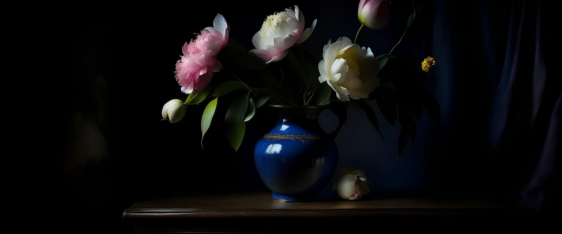 Vermeer style still life painting of wild peonies with a dark background