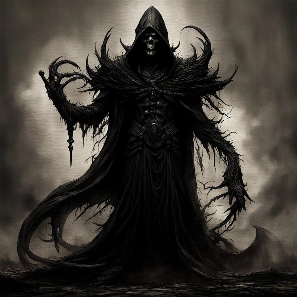 Generate a visually striking artwork that depicts 'Abaddon' as a formidable and malevolent entity similar to the grim reaper, drawing inspiration from dark mythology and biblical references. Incorporate elements of chaos, destruction, and a foreboding atmosphere, while highlighting Abaddon's menacing presence and otherworldly power.